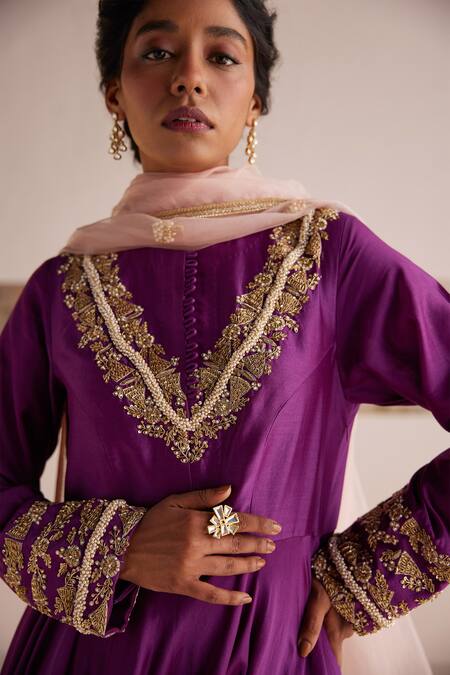 Buy_Esha Arora_Purple Chanderi Silk, Linen, Zardozi Embroidered Bodice Anarkali Pant Set 