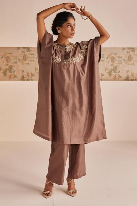 Esha Arora Brown Silk Embroidered Zardozi Round Bodice Kaftan With Pant 