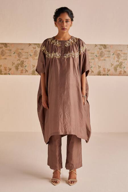 Buy Esha Arora Brown Silk Zari Round Neck Zardozi Embroidered Bodice Kaftan With Pant Online at Aza Fashions Buy_Esha Arora_Brown Silk Zari Round Neck Zardozi Embroidered Bodice Kaftan With Pant _Online_at_Aza_Fashions
