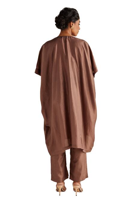 Esha Arora Brown Silk Zari Round Neck Zardozi Embroidered Bodice Kaftan With Pant at Aza Fashions Esha Arora_Brown Silk Zari Round Neck Zardozi Embroidered Bodice Kaftan With Pant _at_Aza_Fashions