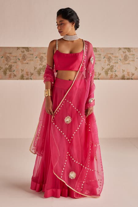 Esha Arora_Pink , Linen, Organza Zari, Solid Lehenga Set With Embroidered Dupatta _Online_at_Aza_Fashions