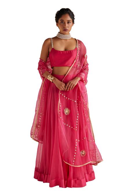 Buy_Esha Arora_Pink , Linen, Organza Zari, Solid Lehenga Set With Embroidered Dupatta _Online_at_Aza_Fashions