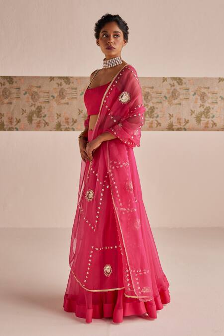 Shop_Esha Arora_Pink , Linen, Organza Zari, Solid Lehenga Set With Embroidered Dupatta _Online_at_Aza_Fashions
