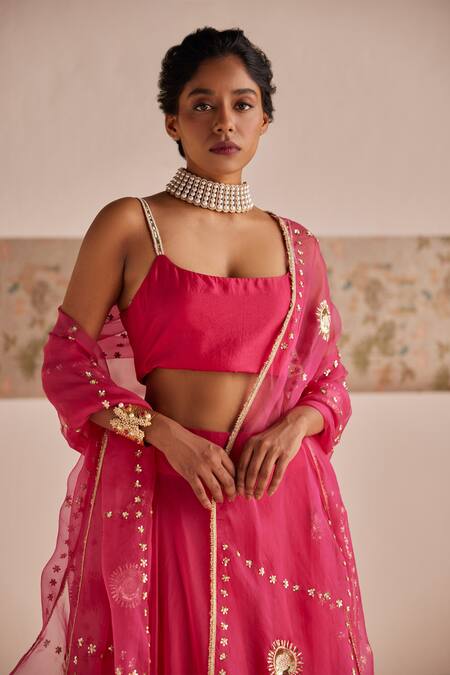 Esha Arora_Pink , Linen, Organza Zari, Solid Lehenga Set With Embroidered Dupatta _at_Aza_Fashions