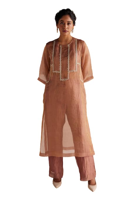 Esha Arora Brown Chanderi, Organza Zari Round Neck Zardozi Embroidered Kurta With Pant Online at Aza Fashions Esha Arora_Brown Chanderi, Organza Zari Round Neck Zardozi Embroidered Kurta With Pant _Online_at_Aza_Fashions