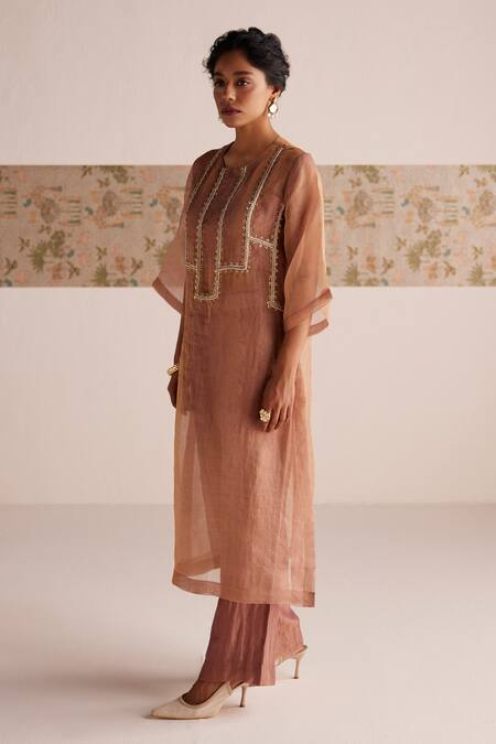 Buy Esha Arora Brown Chanderi, Organza Zari Round Neck Zardozi Embroidered Kurta With Pant Online at Aza Fashions Buy_Esha Arora_Brown Chanderi, Organza Zari Round Neck Zardozi Embroidered Kurta With Pant _Online_at_Aza_Fashions