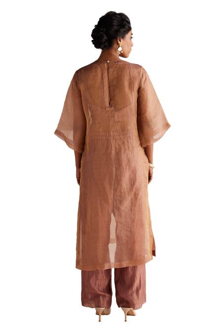Shop Esha Arora Brown Chanderi, Organza Zari Round Neck Zardozi Embroidered Kurta With Pant Online at Aza Fashions Shop_Esha Arora_Brown Chanderi, Organza Zari Round Neck Zardozi Embroidered Kurta With Pant _Online_at_Aza_Fashions
