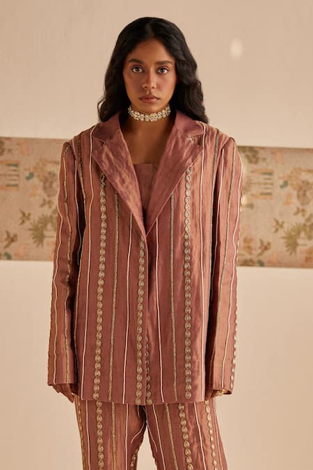 Esha Arora Brown Chanderi, Tissue, Linen Embroidery, Zari Zardozi Blazer Pant Set Online at Aza Fashions Esha Arora_Brown Chanderi, Tissue, Linen Embroidery, Zari Zardozi Blazer Pant Set _Online_at_Aza_Fashions