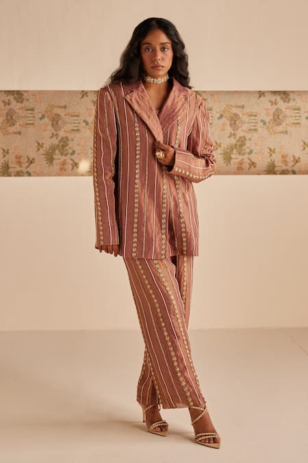 Buy Esha Arora Brown Chanderi, Tissue, Linen Embroidery, Zari Zardozi Blazer Pant Set Online at Aza Fashions Buy_Esha Arora_Brown Chanderi, Tissue, Linen Embroidery, Zari Zardozi Blazer Pant Set _Online_at_Aza_Fashions