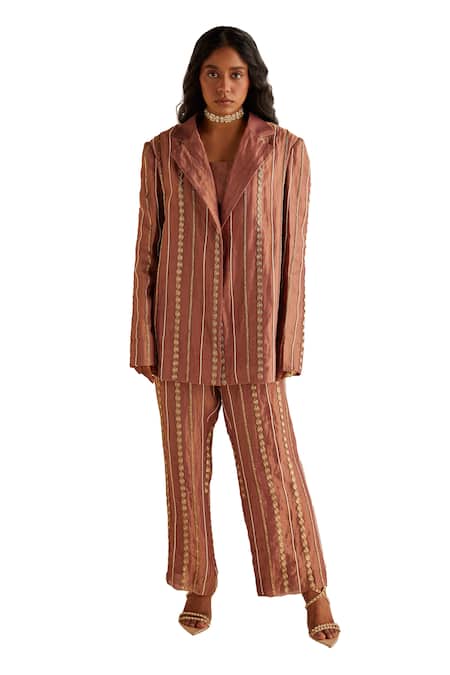 Shop Esha Arora Brown Chanderi, Tissue, Linen Embroidery, Zari Zardozi Blazer Pant Set Online at Aza Fashions Shop_Esha Arora_Brown Chanderi, Tissue, Linen Embroidery, Zari Zardozi Blazer Pant Set _Online_at_Aza_Fashions