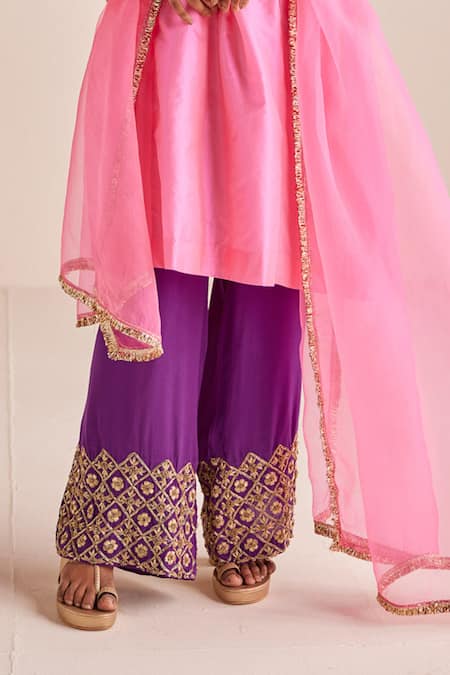 Esha Arora_Pink Organza, , Satin, Crepe Checkred Zardozi Kurta Pant Set _Online_at_Aza_Fashions