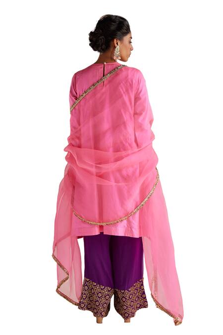Buy_Esha Arora_Pink Organza, , Satin, Crepe Checkred Zardozi Kurta Pant Set _Online_at_Aza_Fashions
