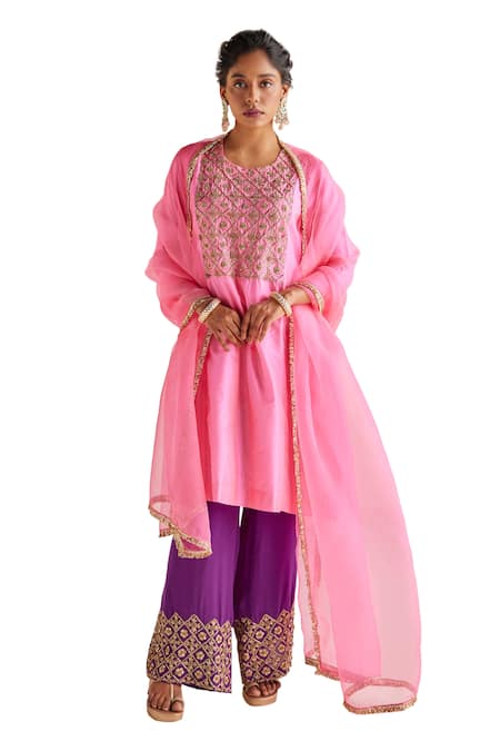 Shop_Esha Arora_Pink Organza, , Satin, Crepe Checkred Zardozi Kurta Pant Set _Online_at_Aza_Fashions