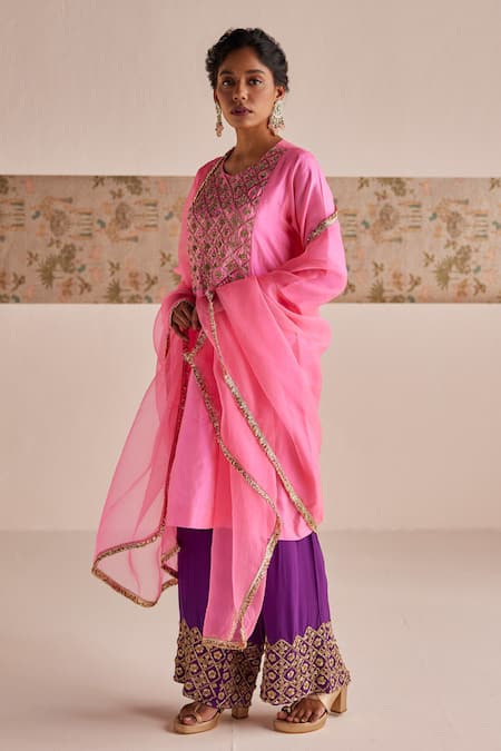 Buy_Esha Arora_Pink Organza, , Satin, Crepe Checkred Zardozi Kurta Pant Set 