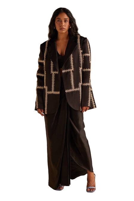 Esha Arora_Black Satin Embroidery Zardozi Blazer Dhoti Skirt Set _Online_at_Aza_Fashions