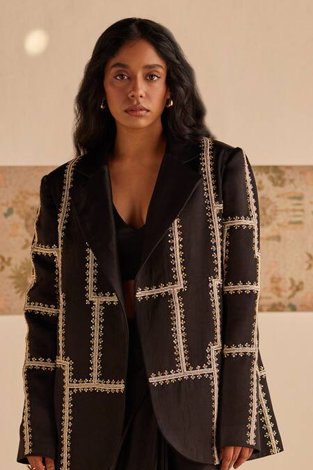 Shop_Esha Arora_Black Satin Embroidery Zardozi Blazer Dhoti Skirt Set _Online_at_Aza_Fashions