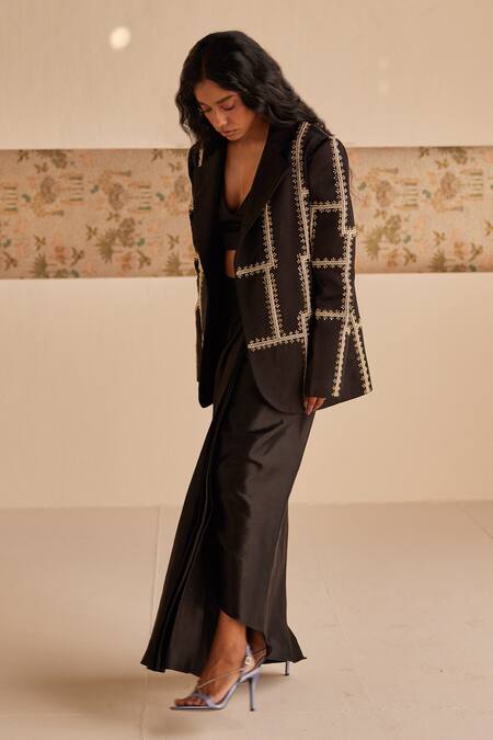 Esha Arora_Black Satin Embroidery Zardozi Blazer Dhoti Skirt Set _at_Aza_Fashions
