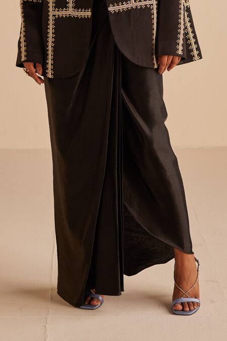 Buy_Esha Arora_Black Satin Embroidery Zardozi Blazer Dhoti Skirt Set 