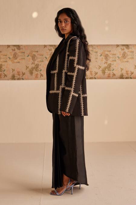 Shop_Esha Arora_Black Satin Embroidery Zardozi Blazer Dhoti Skirt Set 
