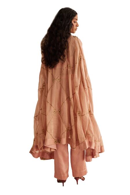 Esha Arora_Pink Chanderi, Cotton Zari V-neck Zardozi Embroidered Cape Pant Set _Online_at_Aza_Fashions