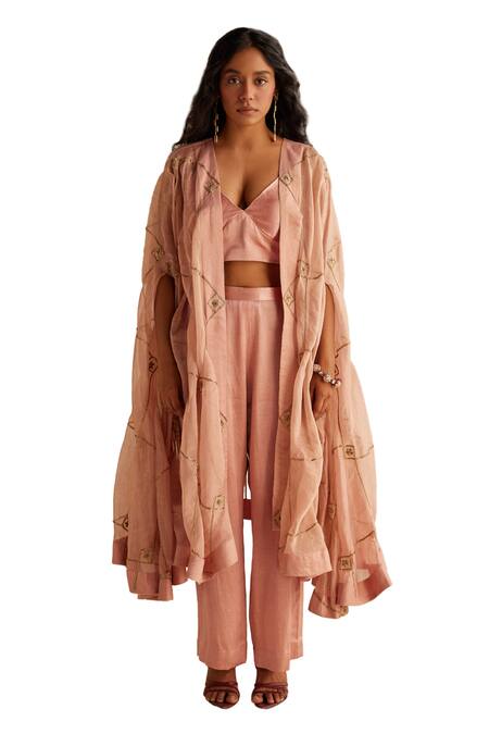 Buy_Esha Arora_Pink Chanderi, Cotton Zari V-neck Zardozi Embroidered Cape Pant Set _Online_at_Aza_Fashions