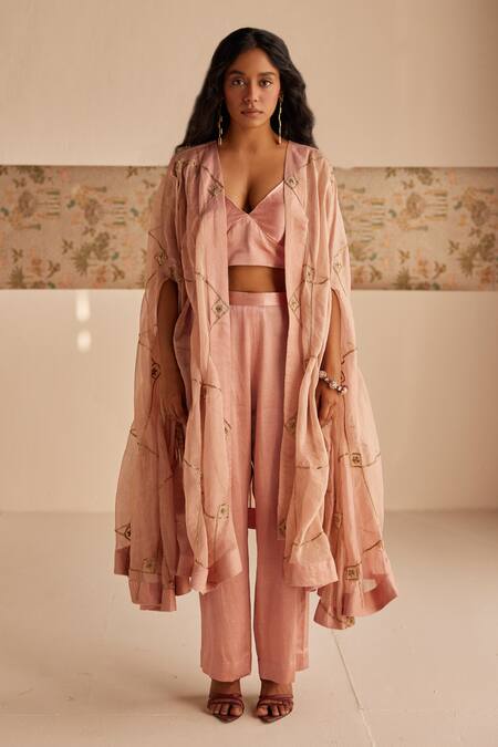 Shop_Esha Arora_Pink Chanderi, Cotton Zari V-neck Zardozi Embroidered Cape Pant Set _Online_at_Aza_Fashions