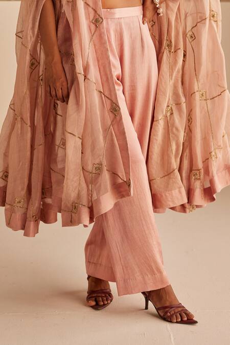 Esha Arora_Pink Chanderi, Cotton Zari V-neck Zardozi Embroidered Cape Pant Set _at_Aza_Fashions