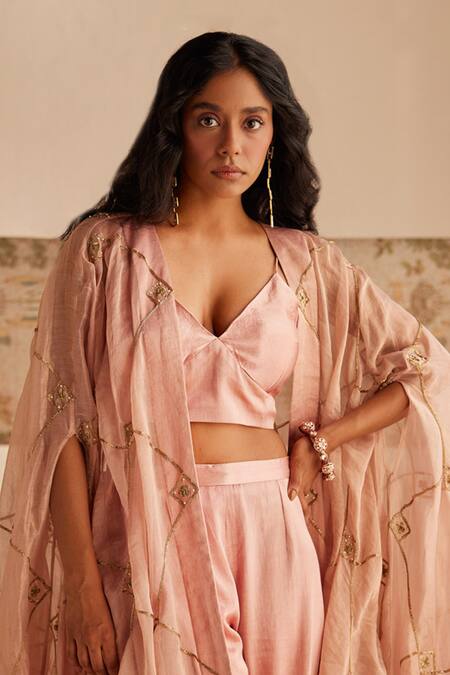 Buy_Esha Arora_Pink Chanderi, Cotton Zari V-neck Zardozi Embroidered Cape Pant Set 
