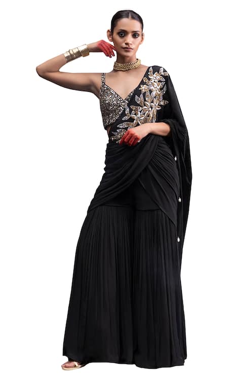 Seeaash_Black Crepe, Firdaus Floral Embellished Pre-draped Sharara Saree With Blouse_Online_at_Aza_Fashions