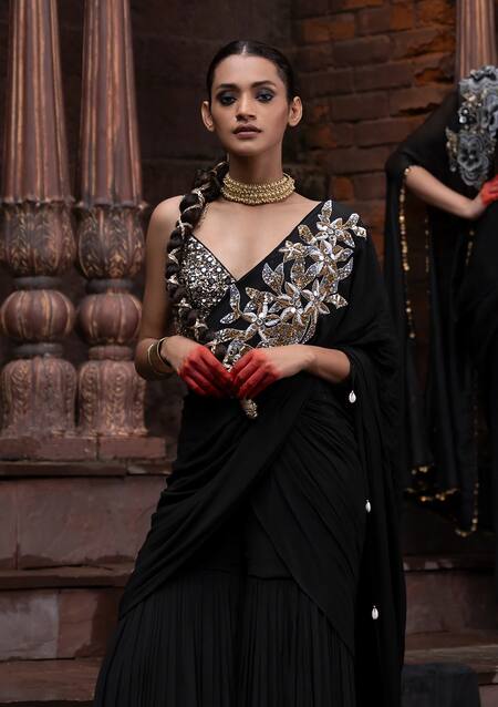 Shop_Seeaash_Black Crepe, Firdaus Floral Embellished Pre-draped Sharara Saree With Blouse_Online_at_Aza_Fashions