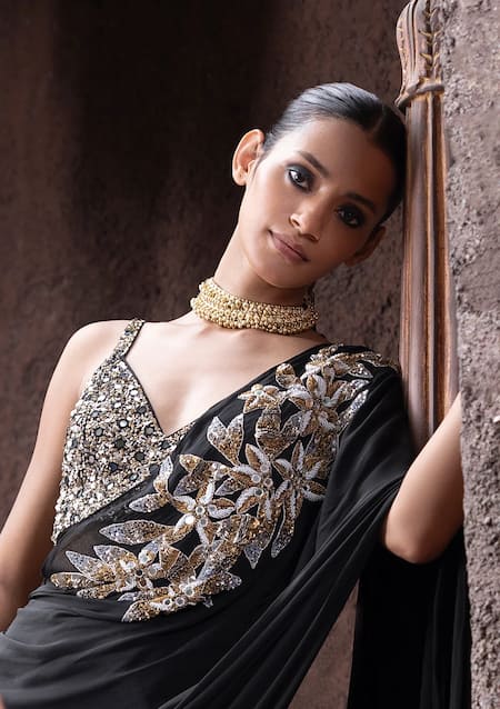 Buy_Seeaash_Black Crepe, Firdaus Floral Embellished Pre-draped Sharara Saree With Blouse