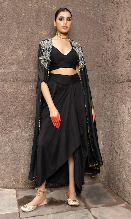 Seeaash Black Organza Embellished Floral Cape Zohra Sequin Dhoti Skirt Set 