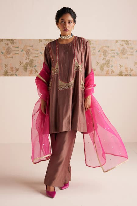 Esha Arora Brown Chanderi Silk Embroidered Zardozi Round Anarkali Pant Set