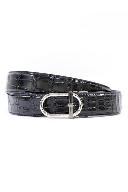 Vantier Black Croc Texture Oval Buckled Leather Belt