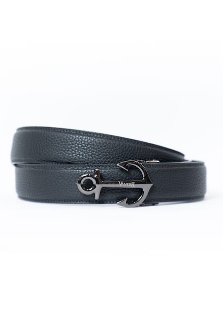 Vantier Black Grain Textured Leather Arrow Buckled Belt