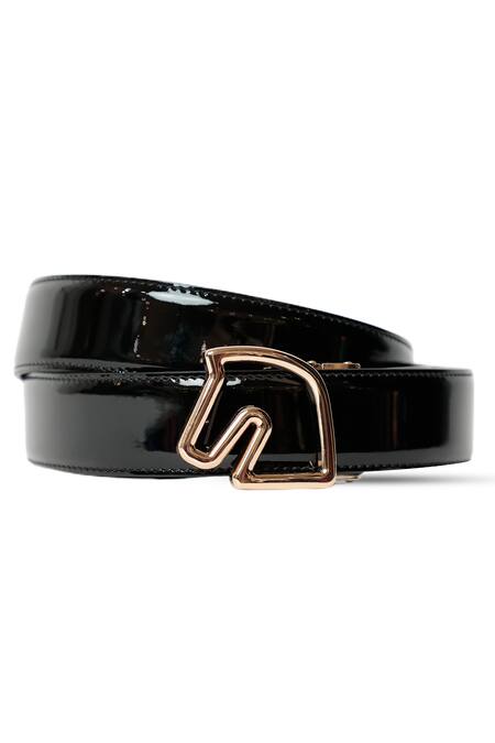 Vantier Black Solid Patent Leather Horse Buckled Belt