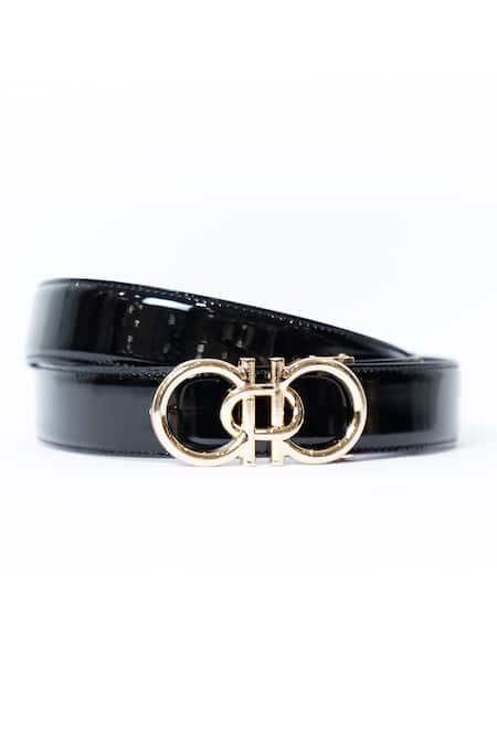 Vantier Black Solid Patent Leather Infinity Buckled Belt