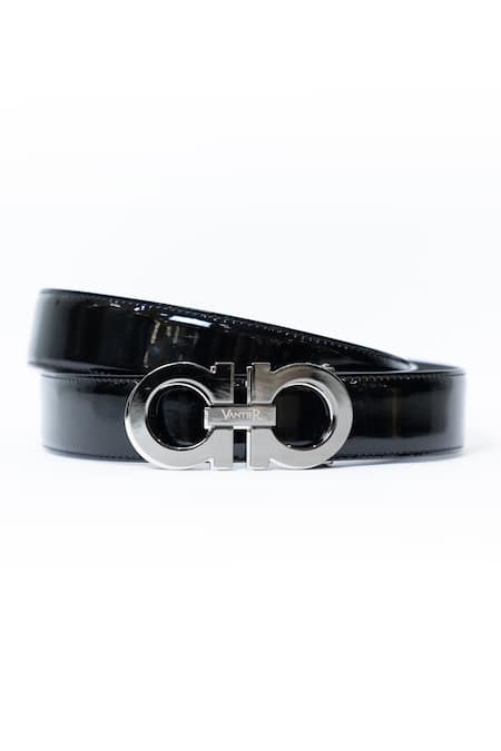 Vantier Black Solid Glossy Patent Leather Infinity Buckled Belt