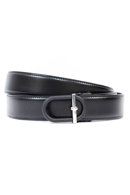 Vantier Black Solid Oblong Matt Buckled Leather Belt