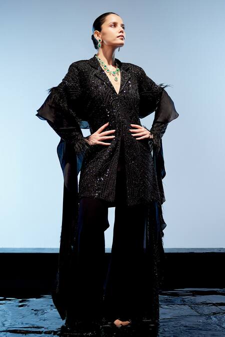 Buy_Miku Kumar_Black Satin, Georgette, Organza Sequins, Beads Embroidered Jacket Sharara Set 