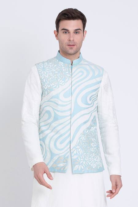 Arun Verma_Blue Silk Applique Fleur Wave Bundi_Online_at_Aza_Fashions