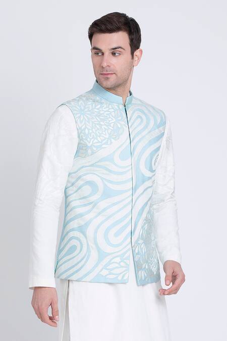 Buy_Arun Verma_Blue Silk Applique Fleur Wave Bundi_Online_at_Aza_Fashions