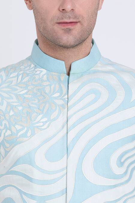 Shop_Arun Verma_Blue Silk Applique Fleur Wave Bundi_Online_at_Aza_Fashions