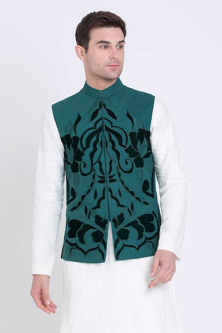 Buy_Arun Verma_Green Linen Embroidery Teal Damask Bloom Bundi_Online_at_Aza_Fashions