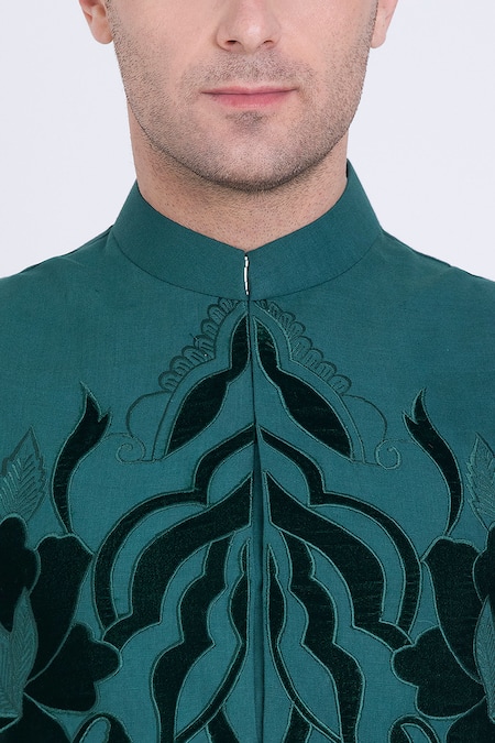 Arun Verma_Green Linen Embroidery Teal Damask Bloom Bundi_at_Aza_Fashions