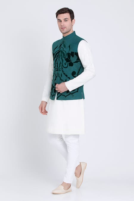 Buy_Arun Verma_Green Linen Embroidery Teal Damask Bloom Bundi