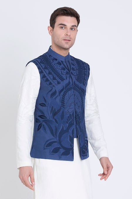 Buy_Arun Verma_Blue Linen Embroidery Mughal Fleur Bundi_Online_at_Aza_Fashions
