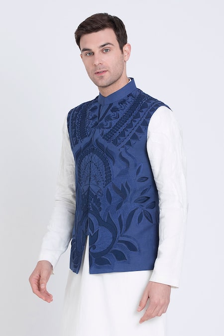 Shop_Arun Verma_Blue Linen Embroidery Mughal Fleur Bundi_Online_at_Aza_Fashions
