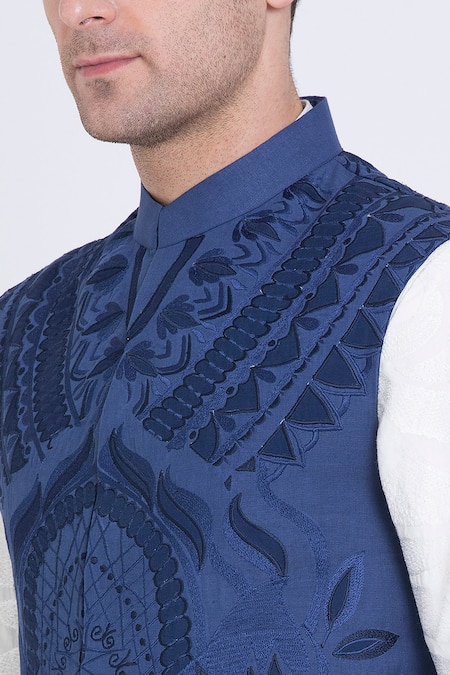 Buy_Arun Verma_Blue Linen Embroidery Mughal Fleur Bundi