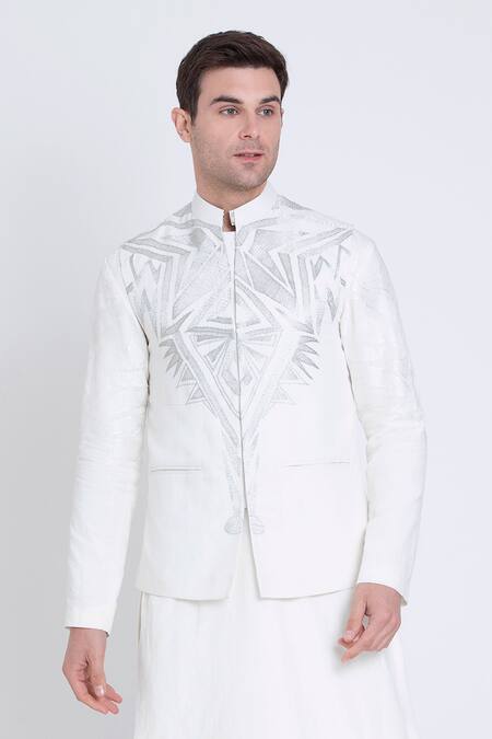 Arun Verma_Ivory Silk Embroidery Tribal Resham Bundi_Online_at_Aza_Fashions